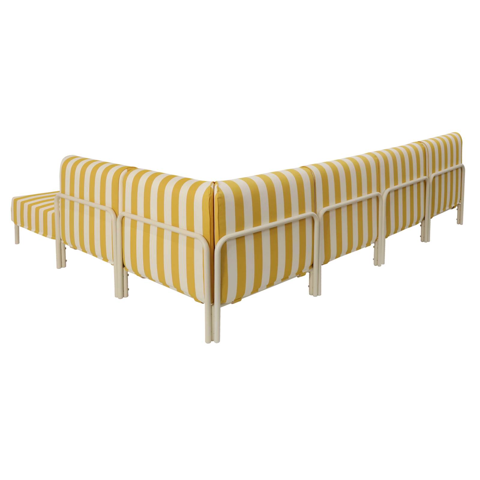 Salon de jardin modulable rayé 6 places avec 3 chauffeuses, 1 fauteuil d'angle, 1 méridienne et 1 pouf