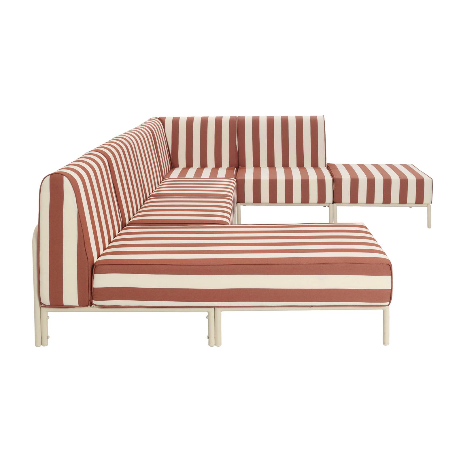 Salon de jardin modulable rayé 6 places avec 3 chauffeuses, 1 fauteuil d'angle, 1 méridienne et 1 pouf