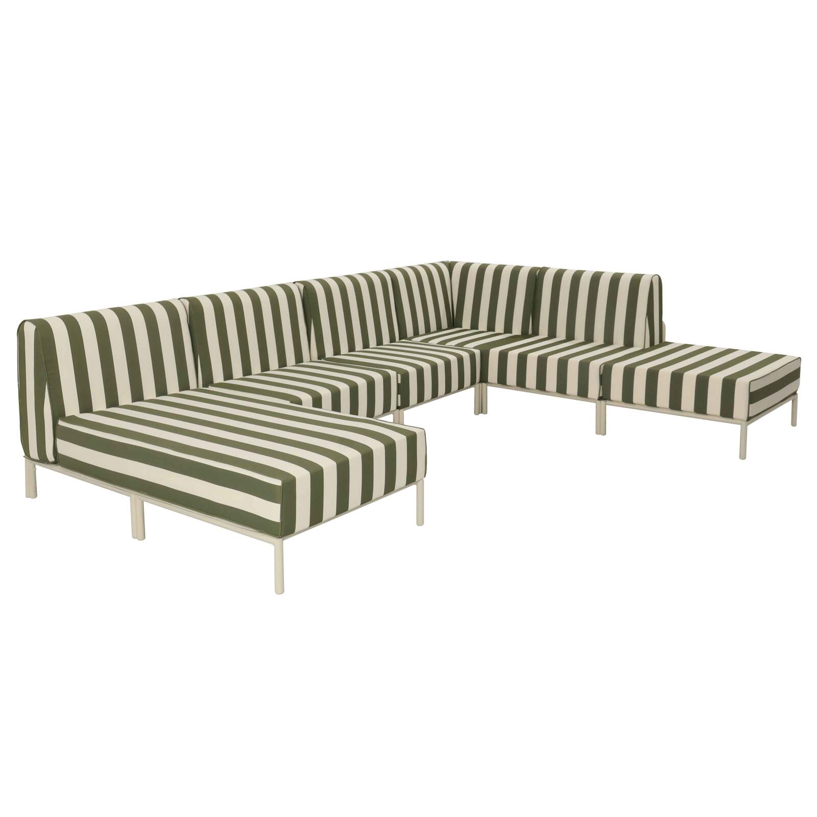 Salon de jardin modulable rayé 6 places avec 3 chauffeuses, 1 fauteuil d'angle, 1 méridienne et 1 pouf