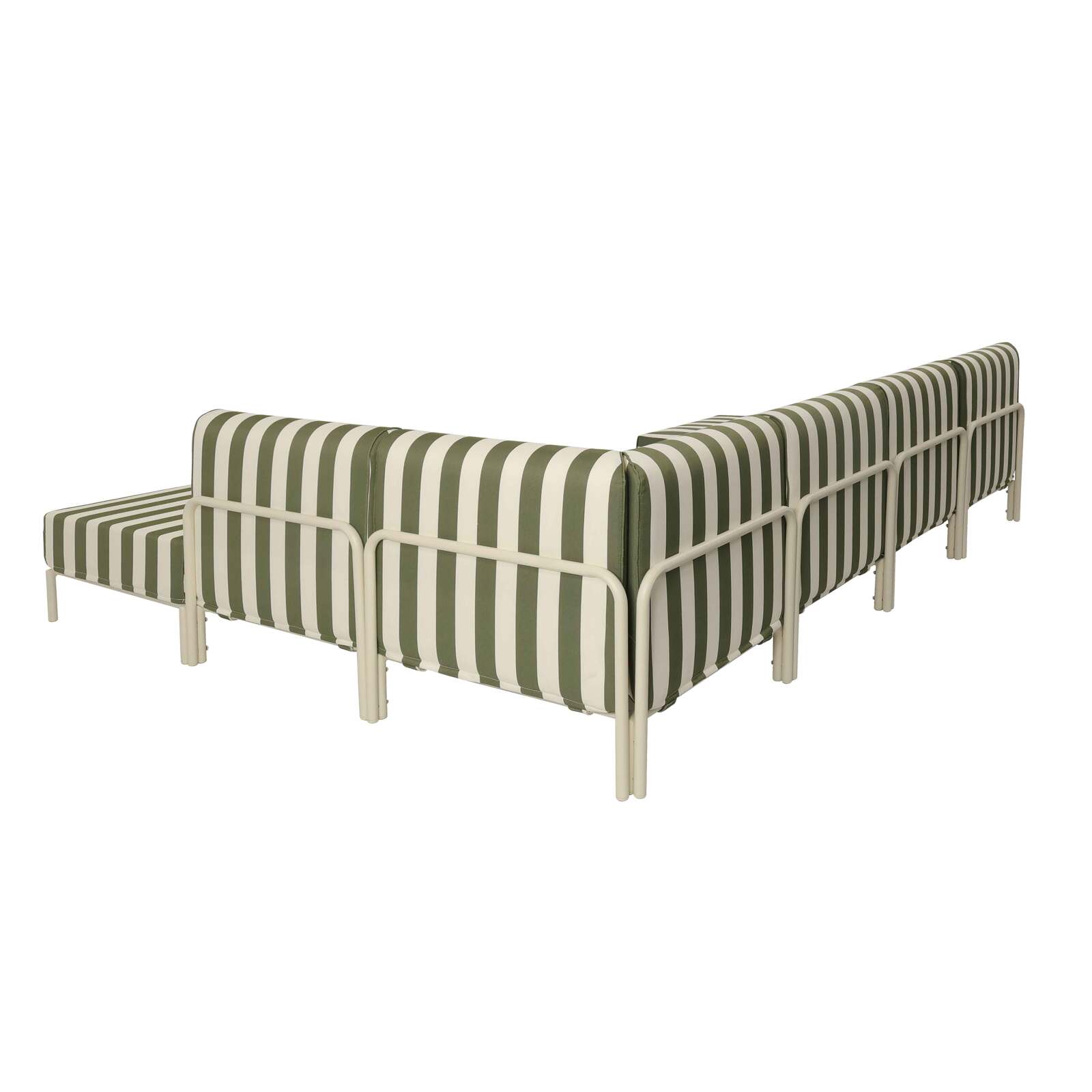 Salon de jardin modulable rayé 6 places avec 3 chauffeuses, 1 fauteuil d'angle, 1 méridienne et 1 pouf