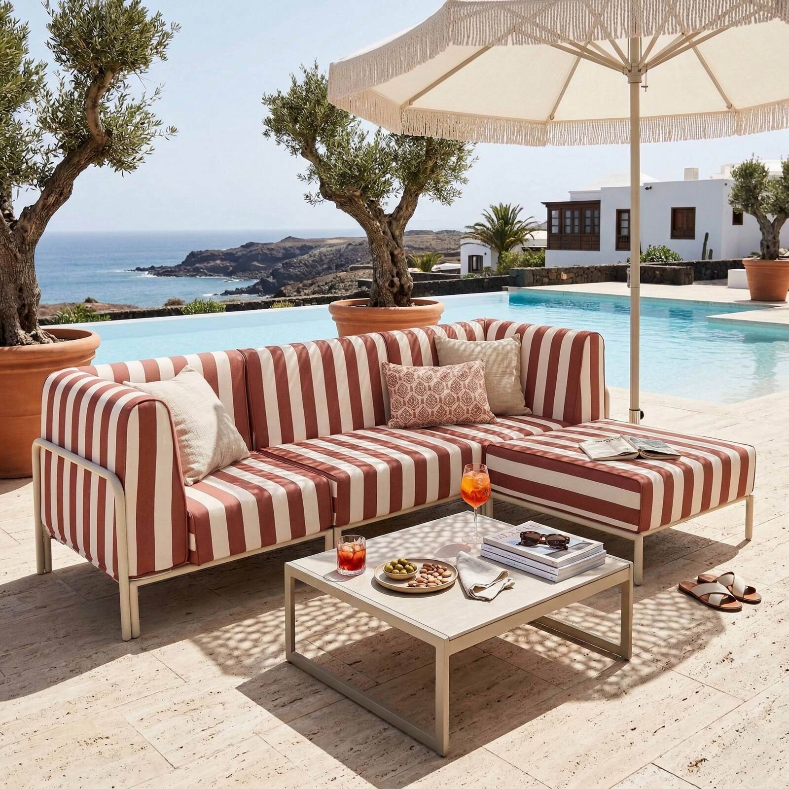 Salon de jardin modulable rayé 4 places avec 1 chauffeuse, 2 fauteuils d'angle et un pouf