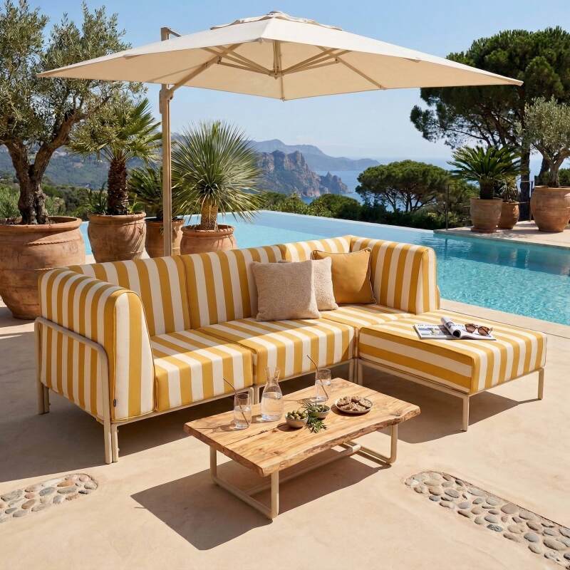 Salon de jardin modulable rayé 4 places avec 1 chauffeuse, 2 fauteuils d'angle et un pouf