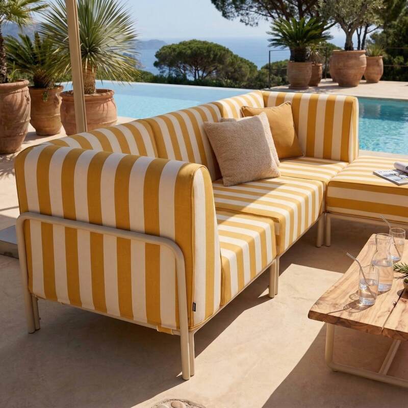 Salon de jardin modulable rayé 4 places avec 1 chauffeuse, 2 fauteuils d'angle et un pouf (2/8)