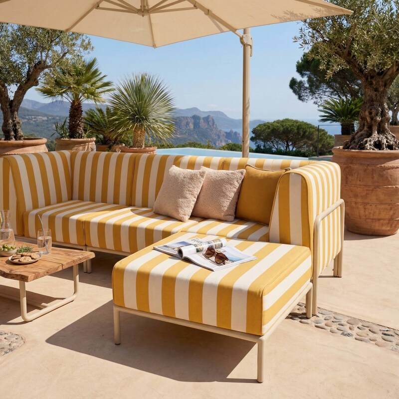 Salon de jardin modulable rayé 4 places avec 1 chauffeuse, 2 fauteuils d'angle et un pouf (3/8)
