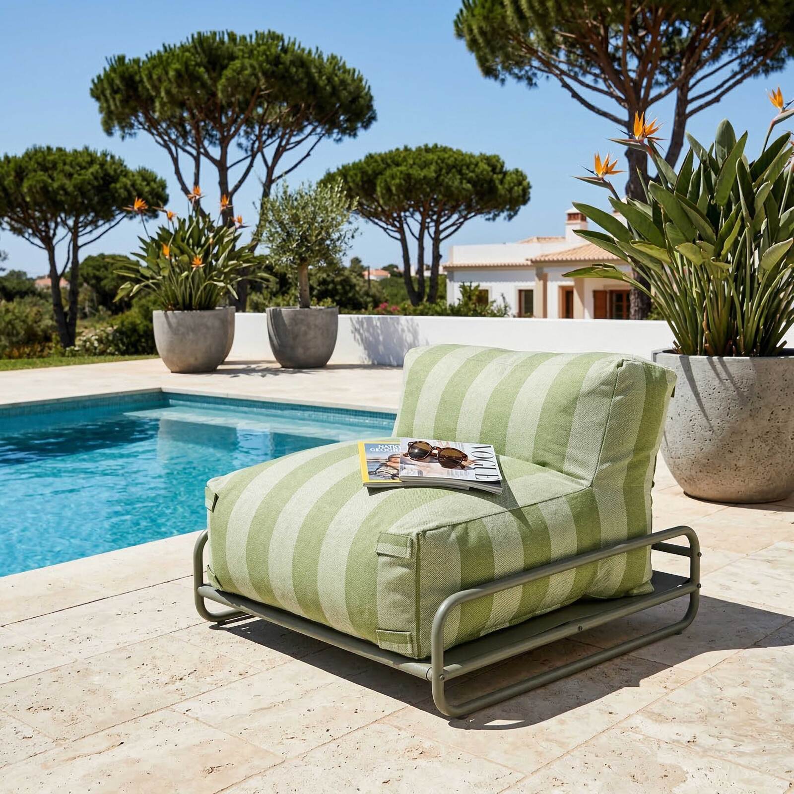 Chauffeuse rayée pour salon de jardin modulable avec structure