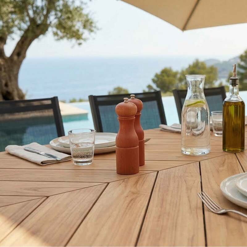 Table de jardin extensible en polywood et aluminium 220/280x100 cm et 10 chaises en textilène (2/10)