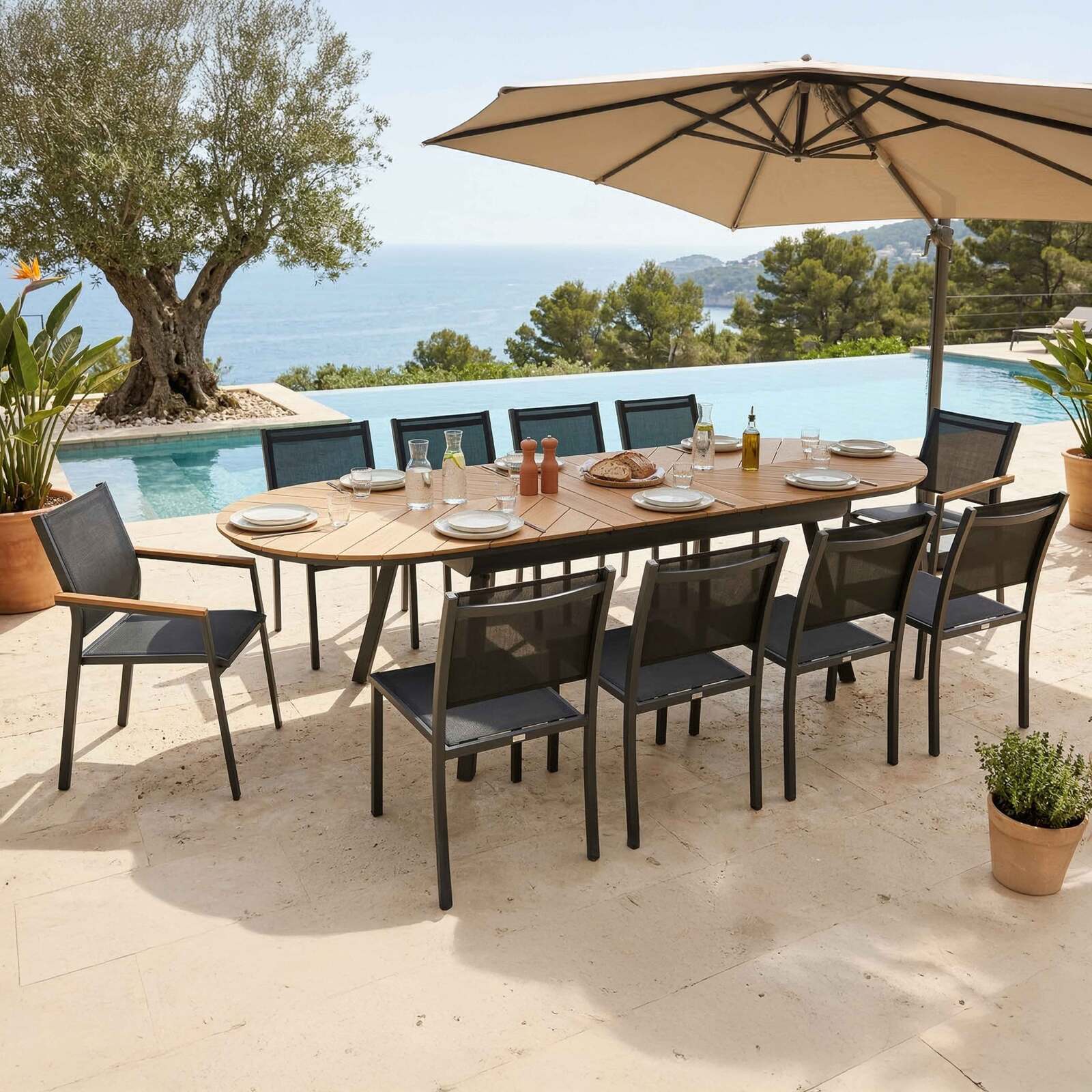Table de jardin extensible en polywood et aluminium 220/280x100 cm et 10 chaises en textilène