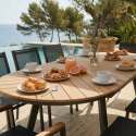 Table de jardin extensible effet bois en aluminium et polywood 180/220x100 cm et 8 chaises en textilène