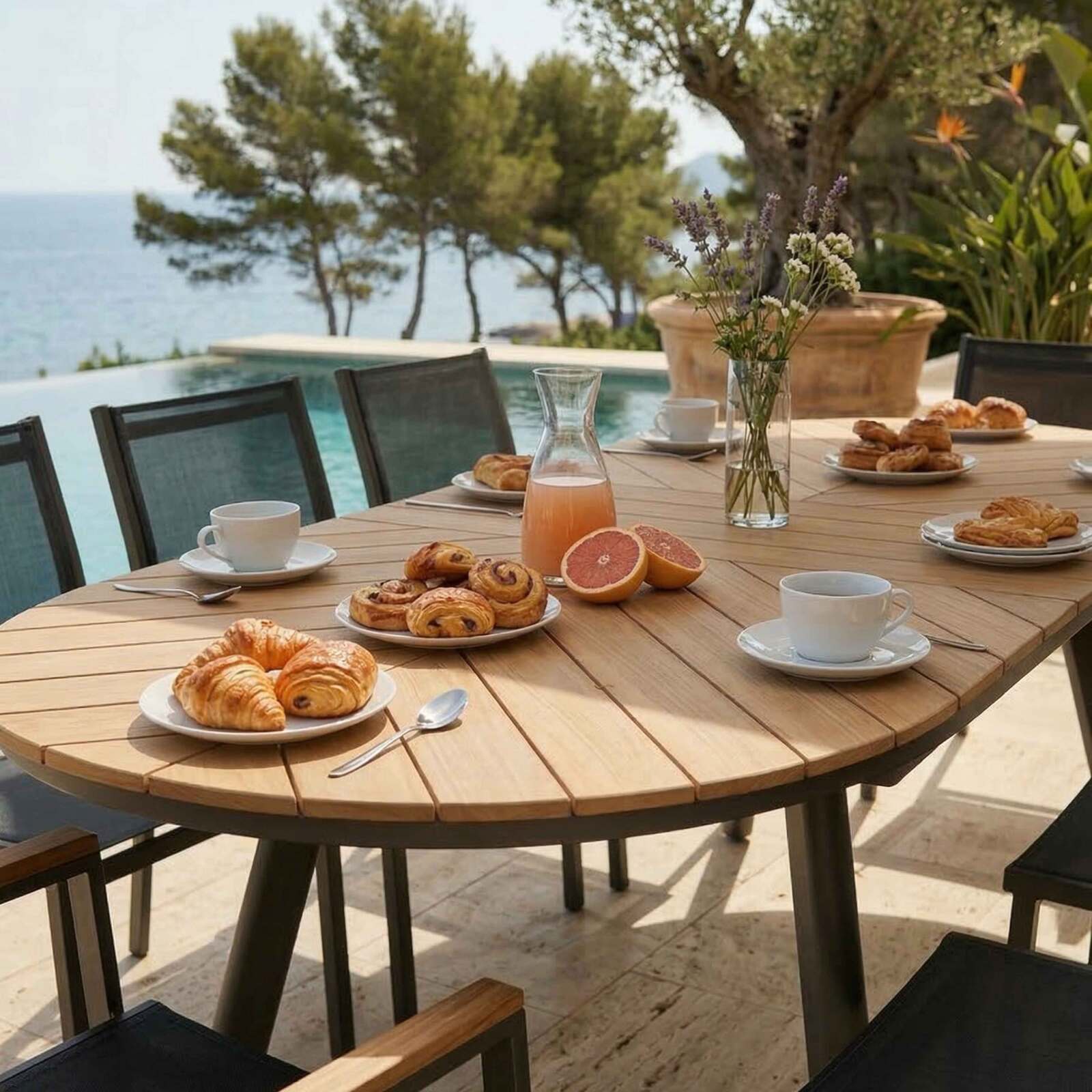 Table de jardin extensible effet bois en aluminium et polywood 180/220x100 cm et 8 chaises en textilène