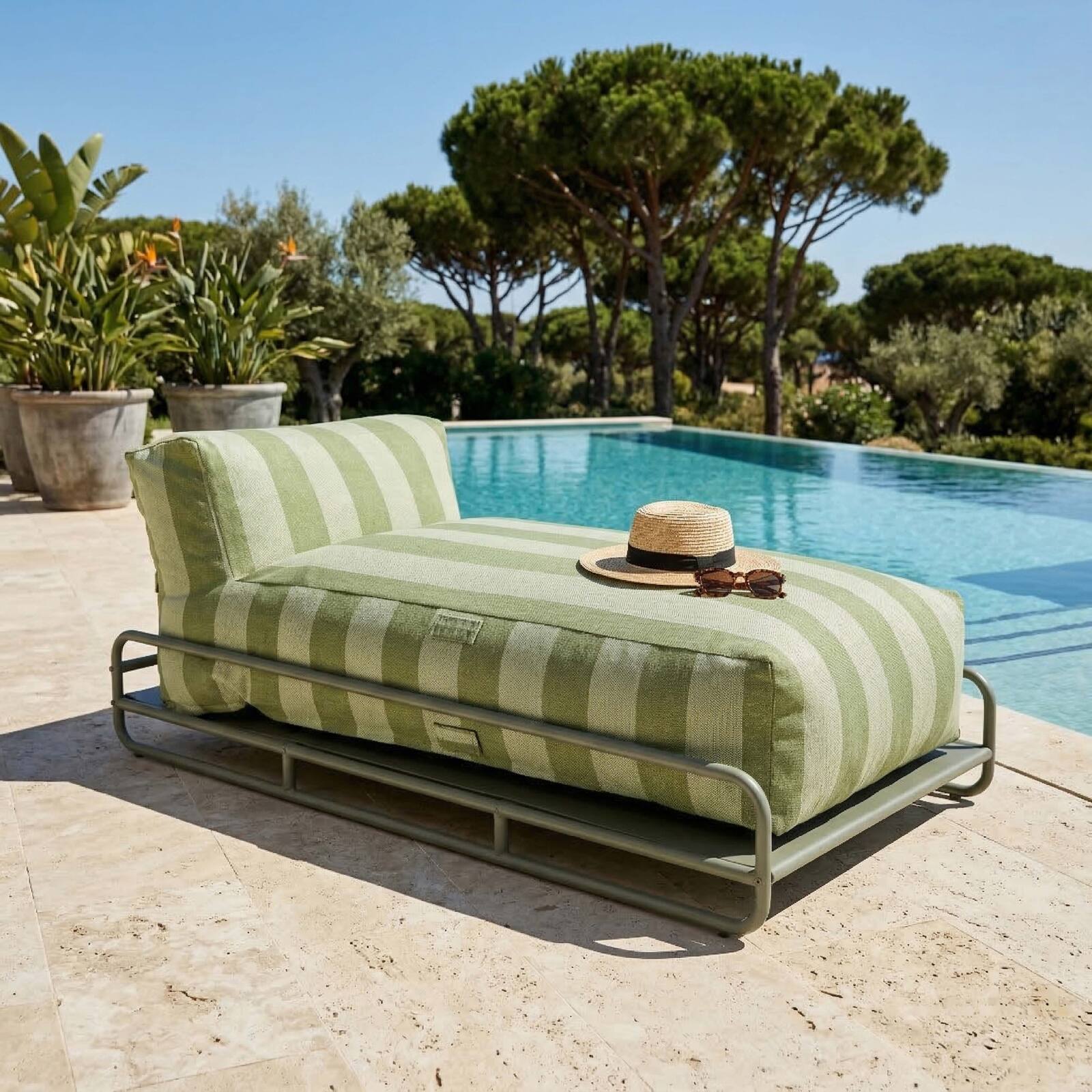 Méridienne modulable rayée pour salon de jardin avec structure