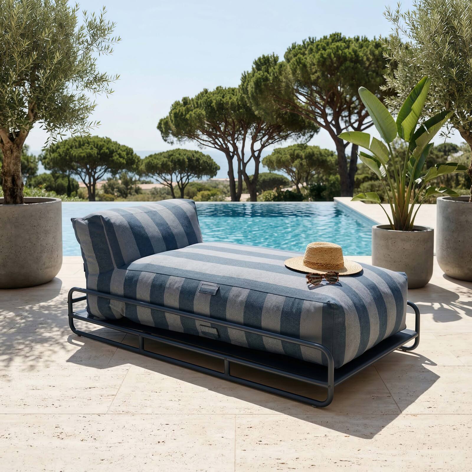 Méridienne modulable rayée pour salon de jardin avec structure