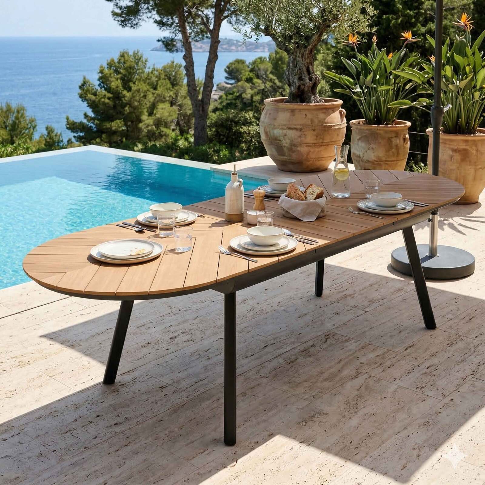 Table de jardin extensible effet bois en aluminium et polywood 8 à 12 personnes 220/280x100 cm