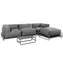 Salon de jardin modulable 4 places avec structure, 1 chauffeuse, 2 fauteuils d'angle, 1 pouf et 1 table basse
