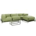 Salon de jardin modulable 4 places avec structure, 1 chauffeuse, 2 fauteuils d'angle, 1 pouf et 1 table basse