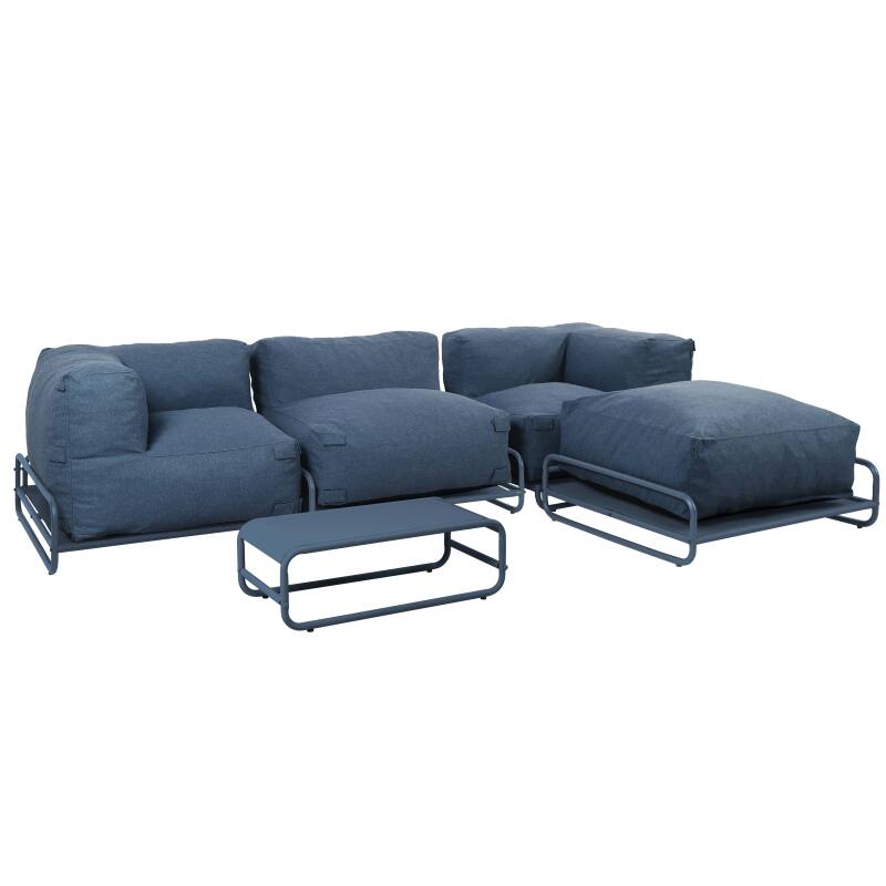 Salon de jardin modulable 4 places avec structure, 1 chauffeuse, 2 fauteuils d'angle, 1 pouf et 1 table basse