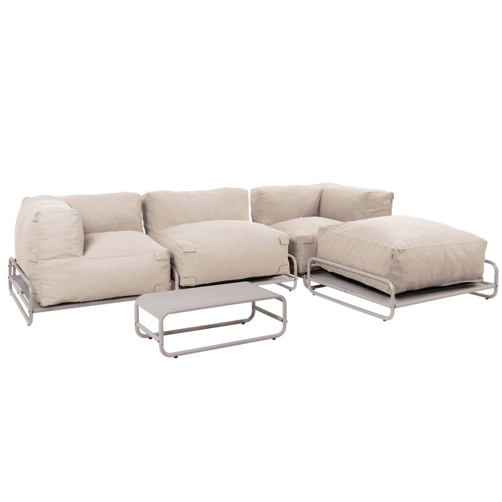 Salon de jardin modulable 4 places avec structure, 1 chauffeuse, 2 fauteuils d'angle, 1 pouf et 1 table basse