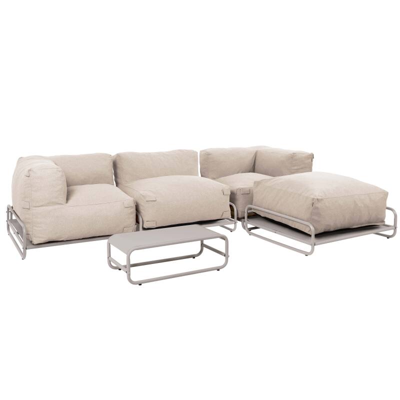Salon de jardin modulable 4 places avec structure, 1 chauffeuse, 2 fauteuils d'angle, 1 pouf et 1 table basse