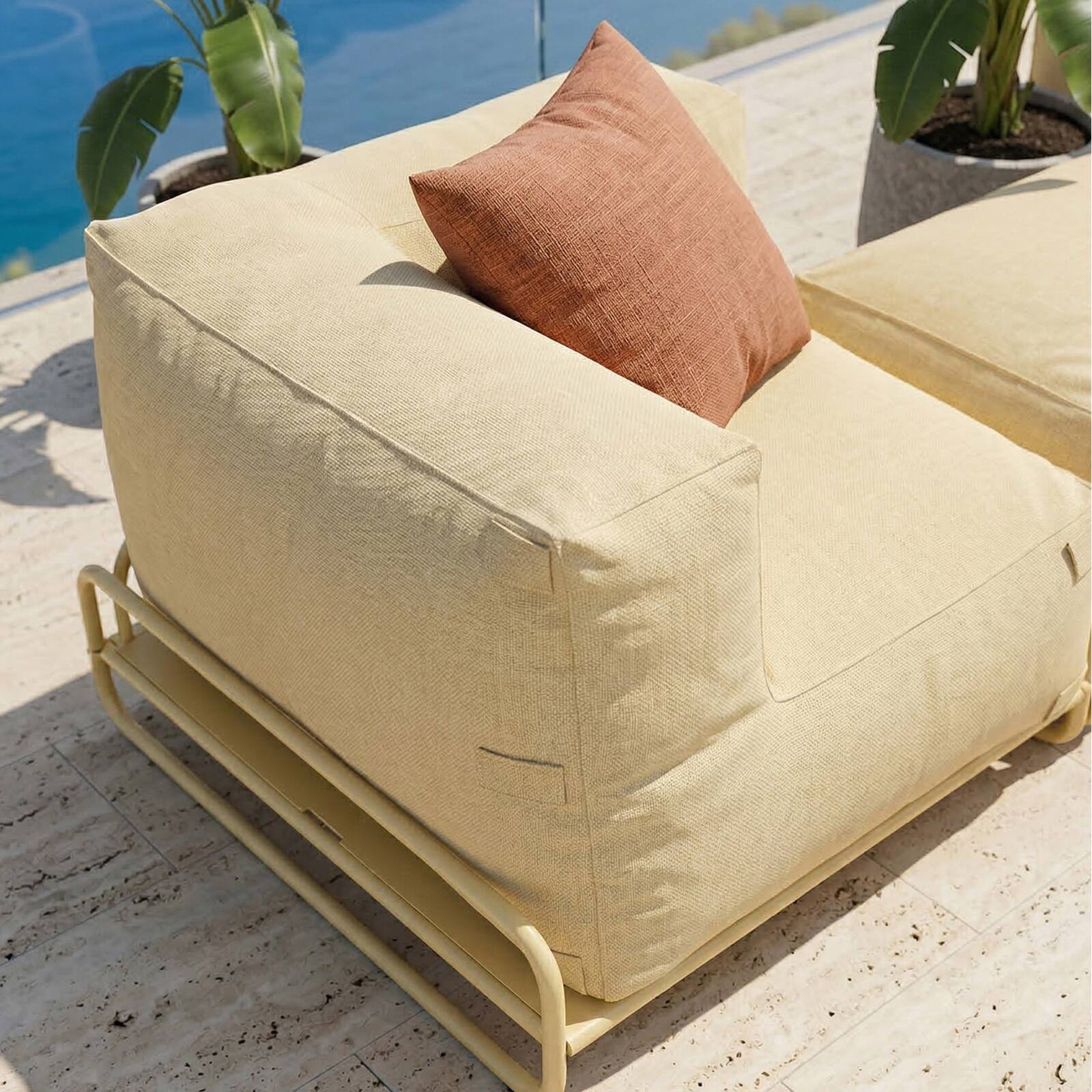 Salon de jardin modulable 4 places avec structure, 1 chauffeuse, 2 fauteuils d'angle, 1 pouf et 1 table basse