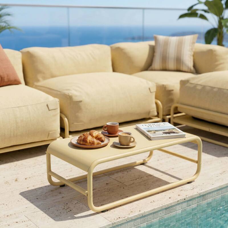 Salon de jardin modulable 4 places avec structure, 1 chauffeuse, 2 fauteuils d'angle, 1 pouf et 1 table basse (2/7)