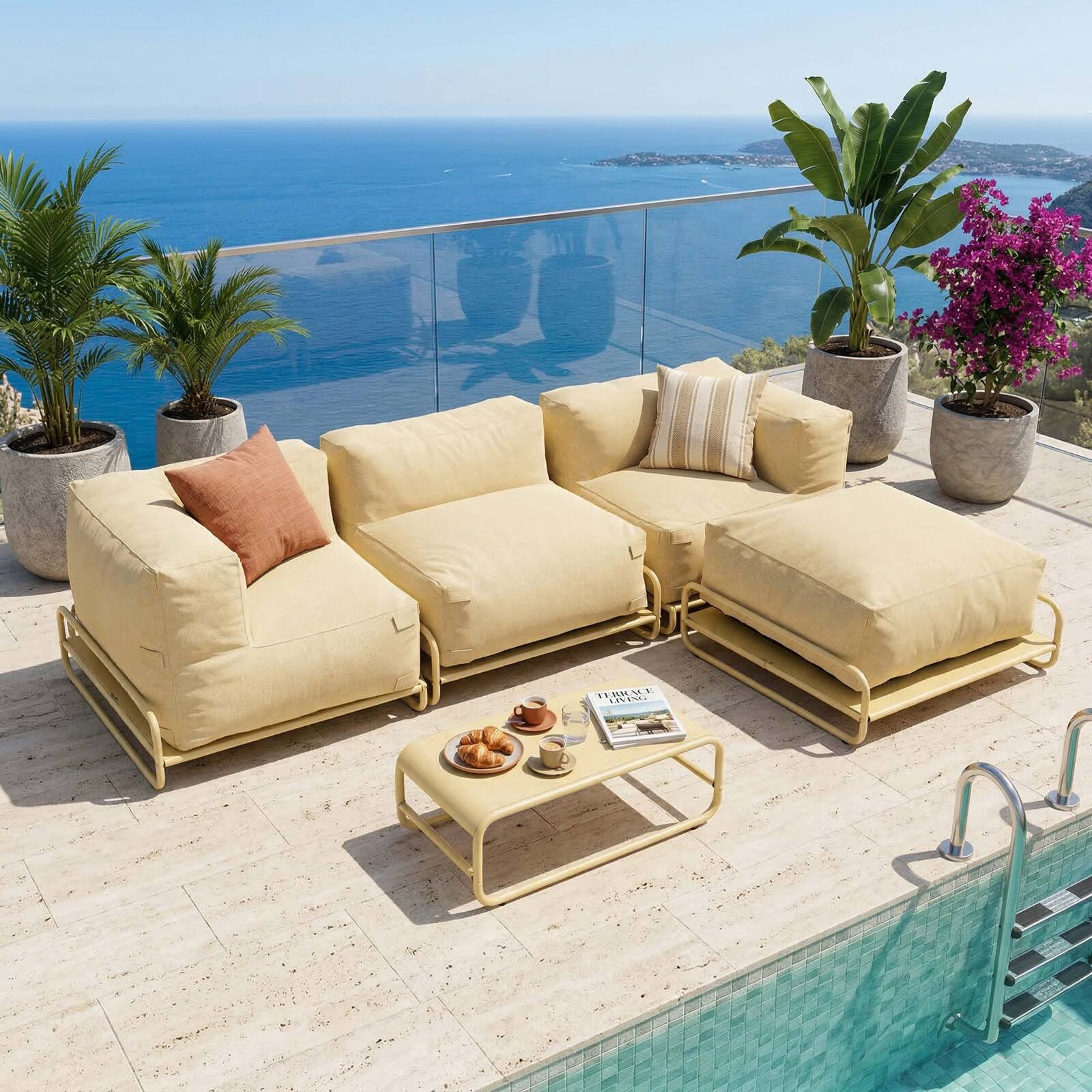 Salon de jardin modulable 4 places avec structure, 1 chauffeuse, 2 fauteuils d'angle, 1 pouf et 1 table basse