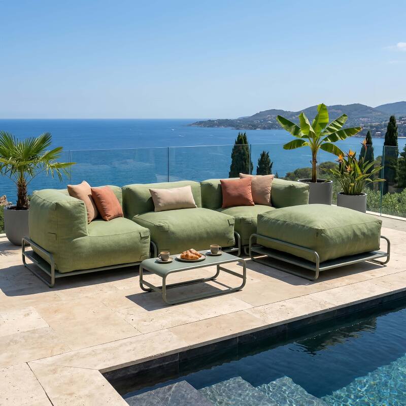 Salon de jardin modulable 4 places avec structure, 1 chauffeuse, 2 fauteuils d'angle, 1 pouf et 1 table basse