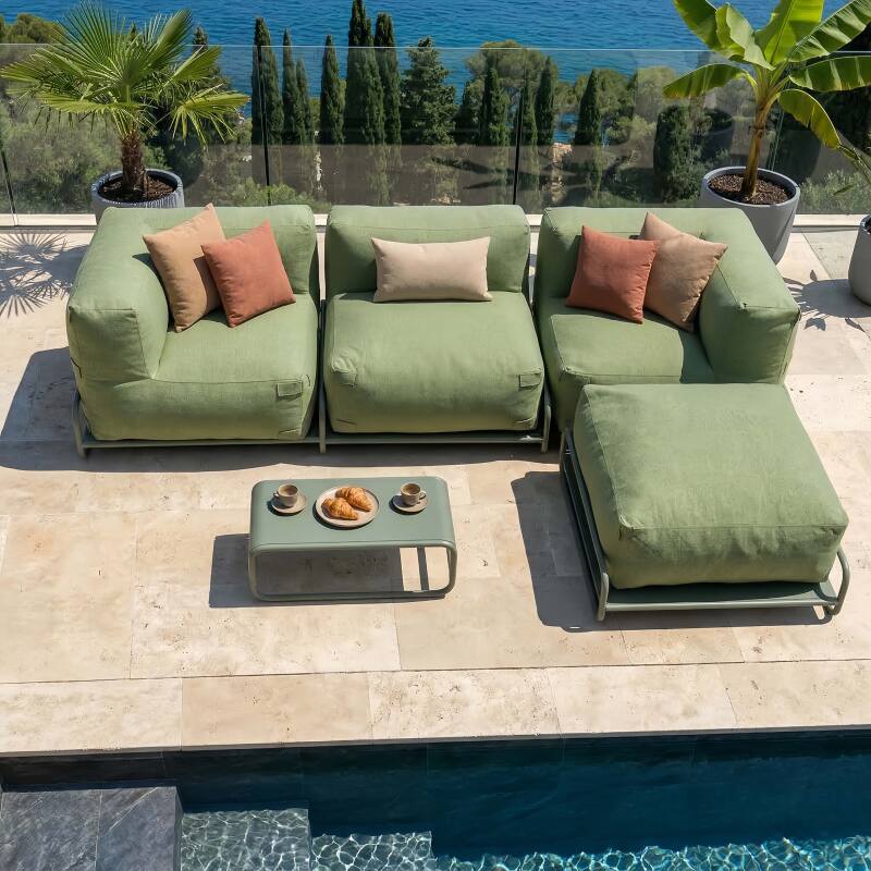 Salon de jardin modulable 4 places avec structure, 1 chauffeuse, 2 fauteuils d'angle, 1 pouf et 1 table basse (3/7)