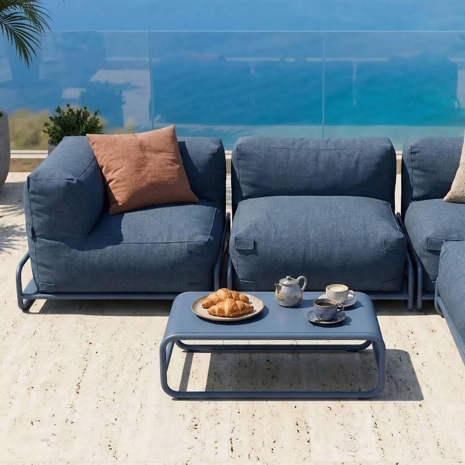 Salon de jardin modulable 4 places avec structure, 1 chauffeuse, 2 fauteuils d'angle, 1 pouf et 1 table basse