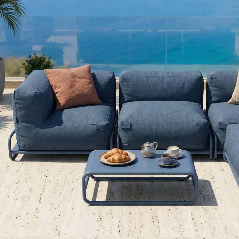 Salon de jardin modulable 4 places avec structure, 1 chauffeuse, 2 fauteuils d'angle, 1 pouf et 1 table basse (2/7)