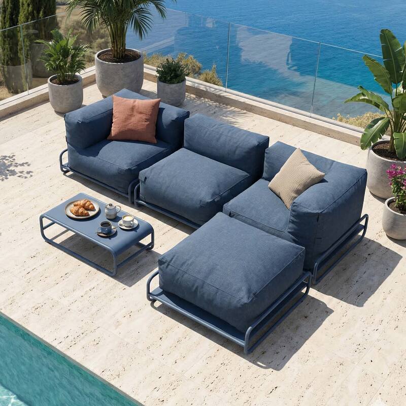 Salon de jardin modulable 4 places avec structure, 1 chauffeuse, 2 fauteuils d'angle, 1 pouf et 1 table basse