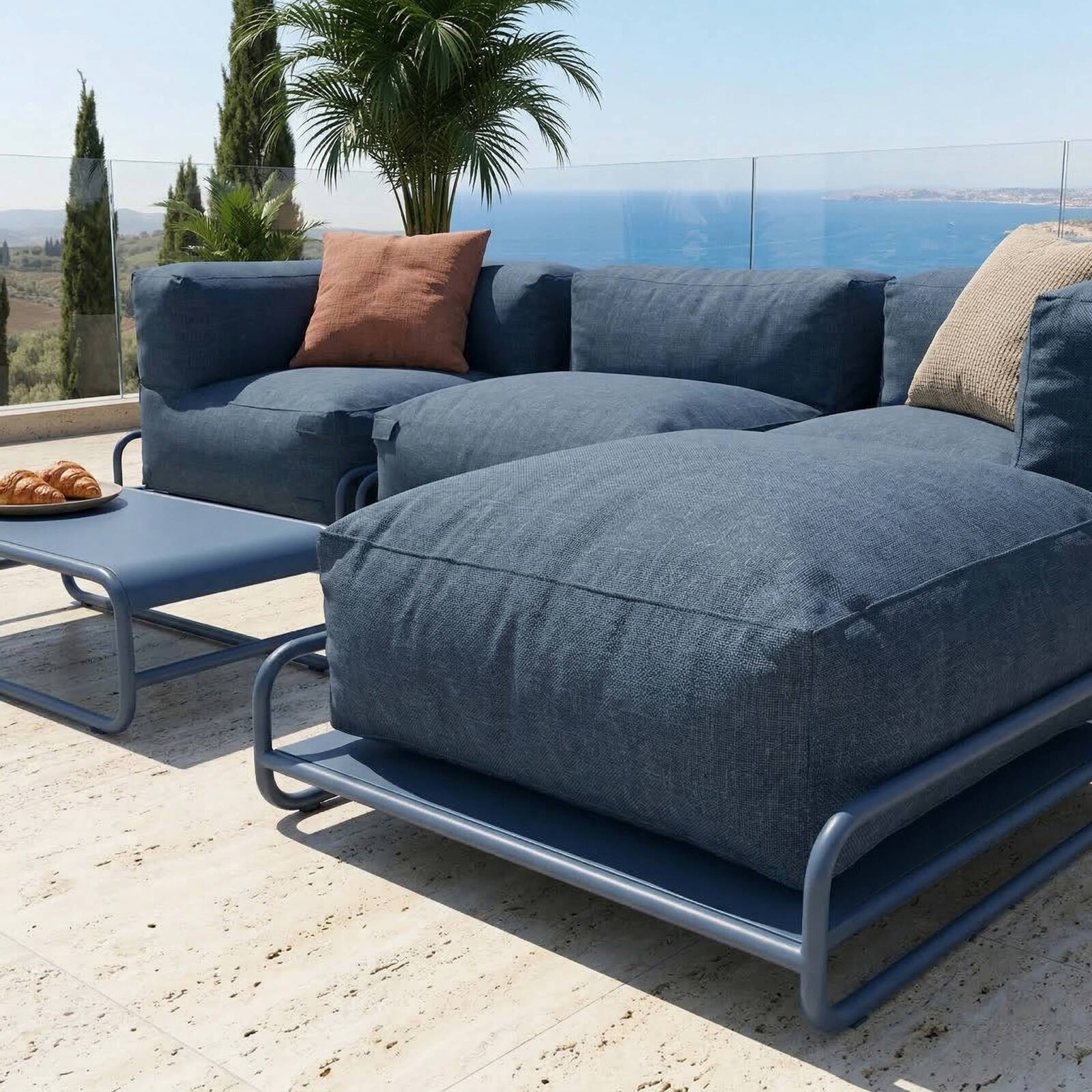Salon de jardin modulable 4 places avec structure, 1 chauffeuse, 2 fauteuils d'angle, 1 pouf et 1 table basse