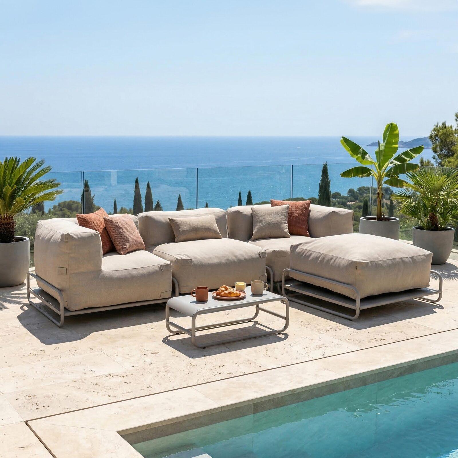 Salon de jardin modulable 4 places avec structure, 1 chauffeuse, 2 fauteuils d'angle, 1 pouf et 1 table basse