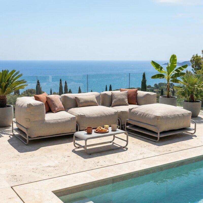 Salon de jardin modulable 4 places avec structure, 1 chauffeuse, 2 fauteuils d'angle, 1 pouf et 1 table basse