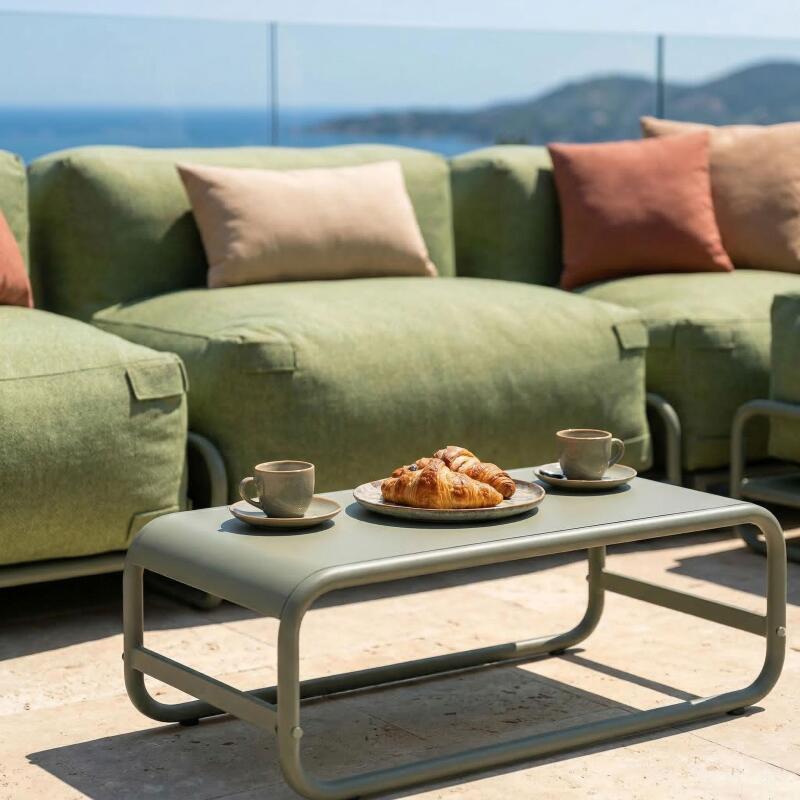 Salon de jardin modulable 4 places avec structure, 1 chauffeuse, 2 fauteuils d'angle, 1 pouf et 1 table basse (2/7)