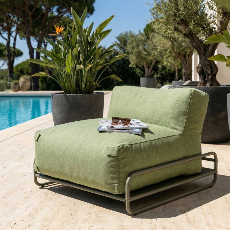 Salon de jardin modulable 4 places avec structure, 1 chauffeuse, 2 fauteuils d'angle, 1 pouf et 1 table basse (4/7)