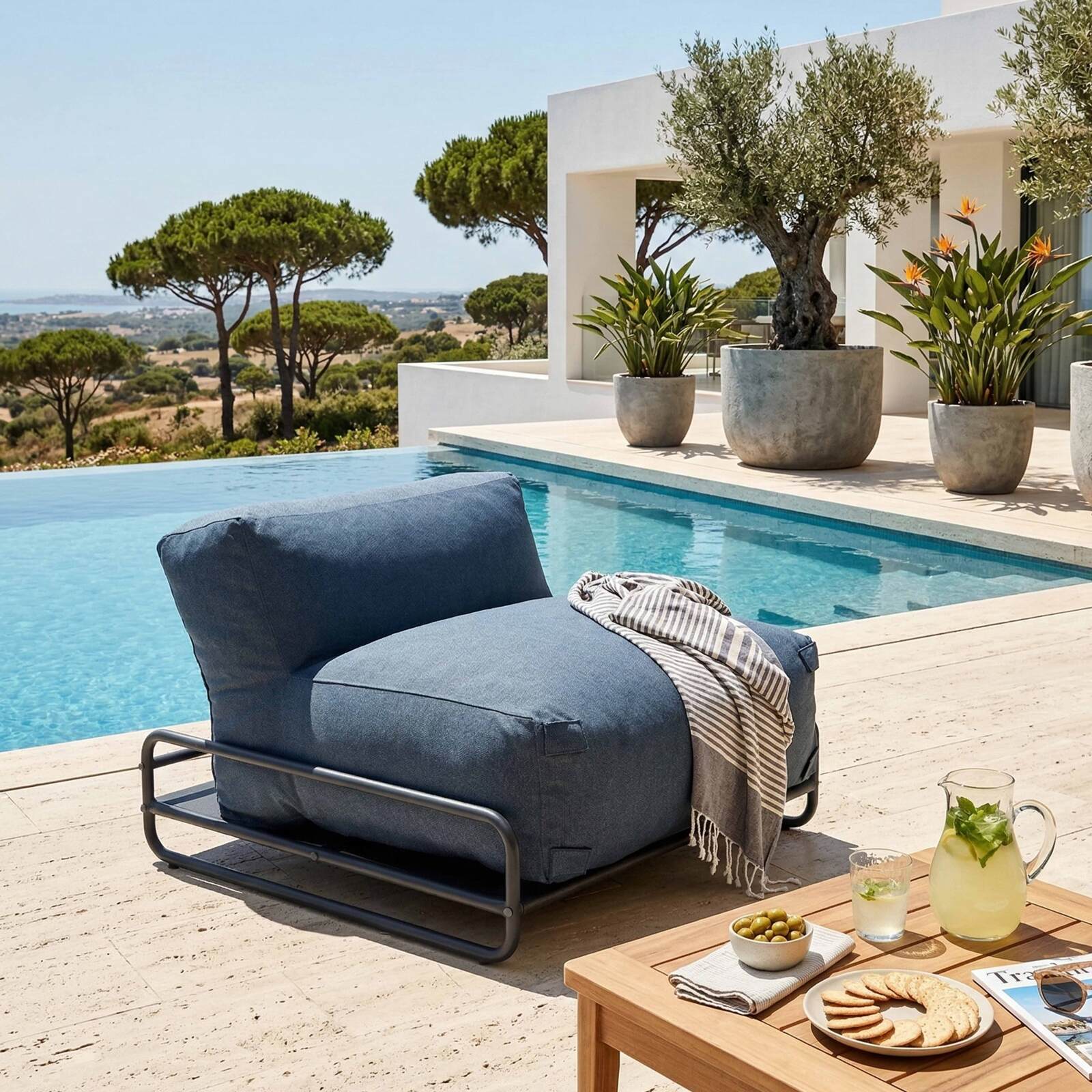 Salon de jardin modulable 4 places avec structure, 1 chauffeuse, 2 fauteuils d'angle, 1 pouf et 1 table basse