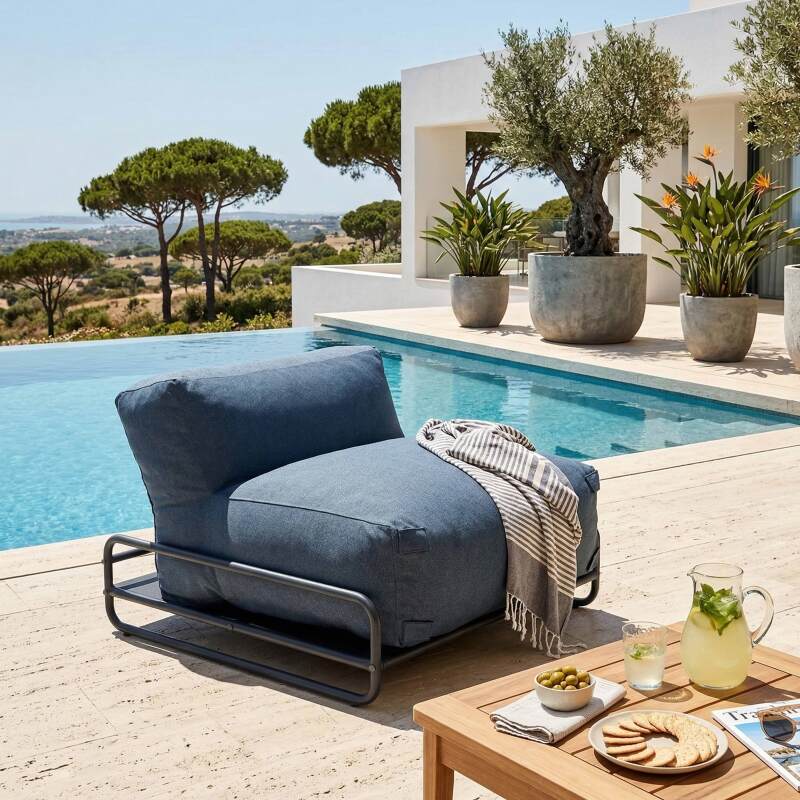 Salon de jardin modulable 4 places avec structure, 1 chauffeuse, 2 fauteuils d'angle, 1 pouf et 1 table basse (4/7)