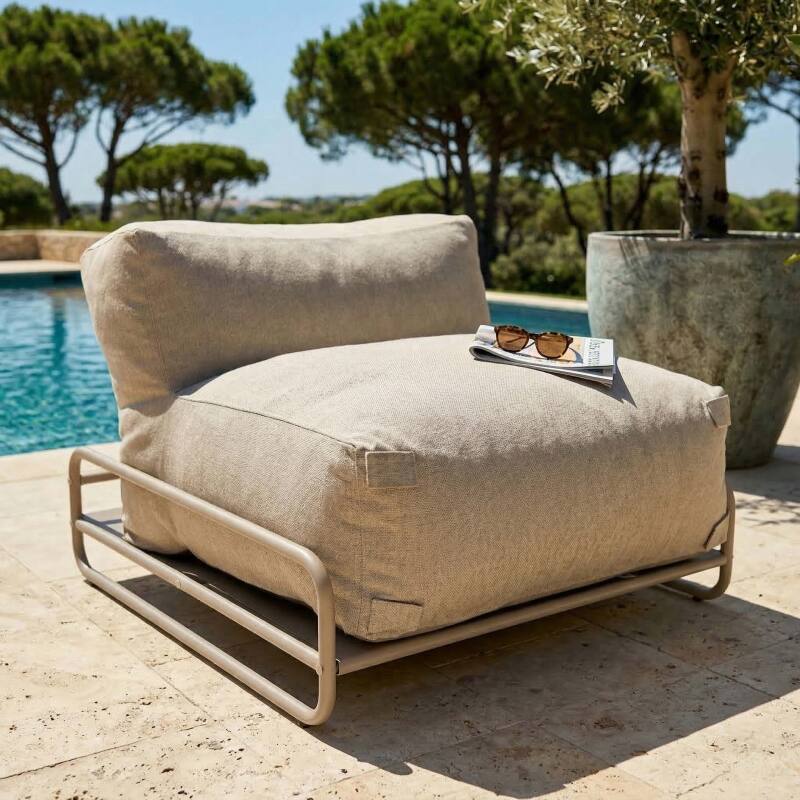 Salon de jardin modulable 4 places avec structure, 1 chauffeuse, 2 fauteuils d'angle, 1 pouf et 1 table basse (4/7)