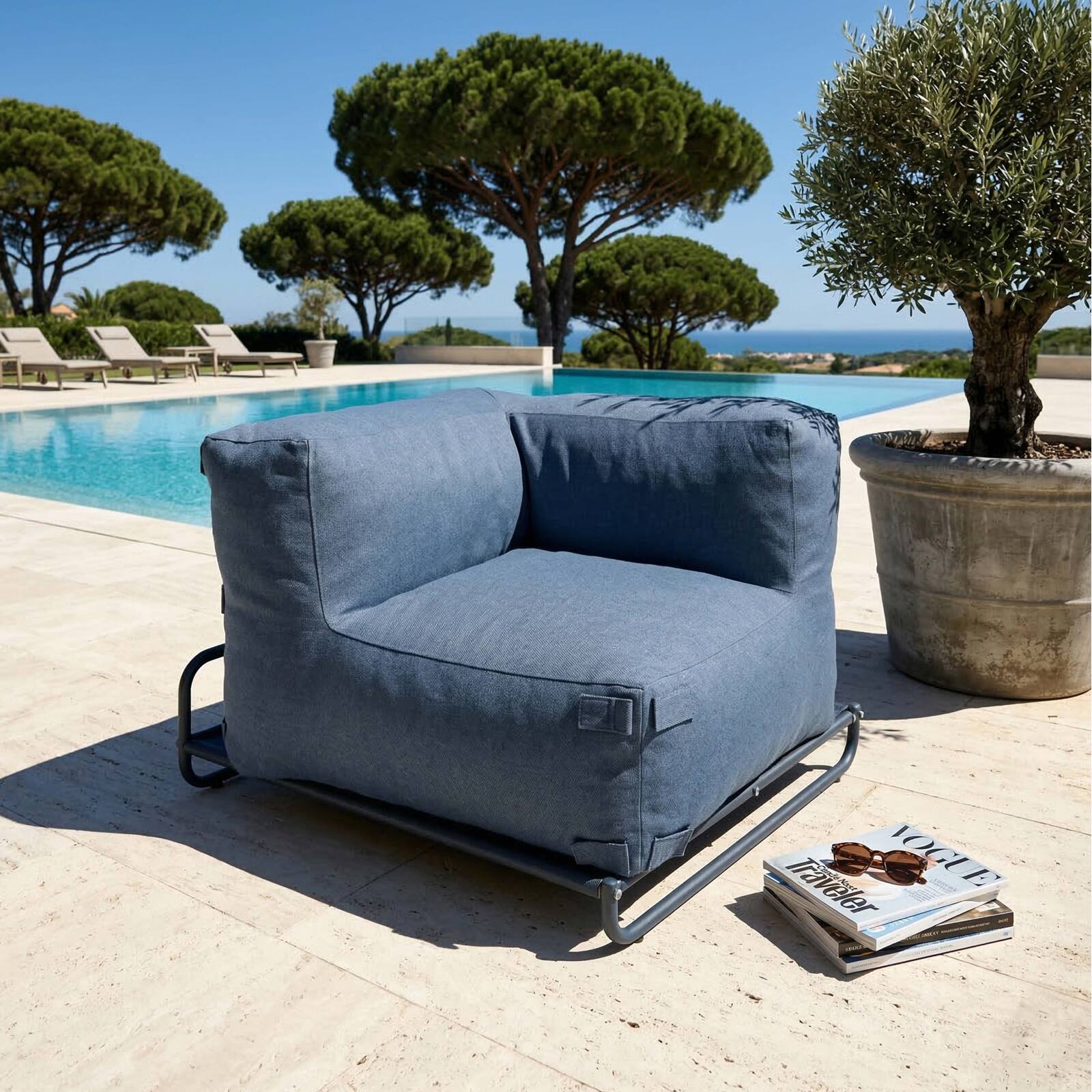 Salon de jardin modulable 4 places avec structure, 1 chauffeuse, 2 fauteuils d'angle, 1 pouf et 1 table basse