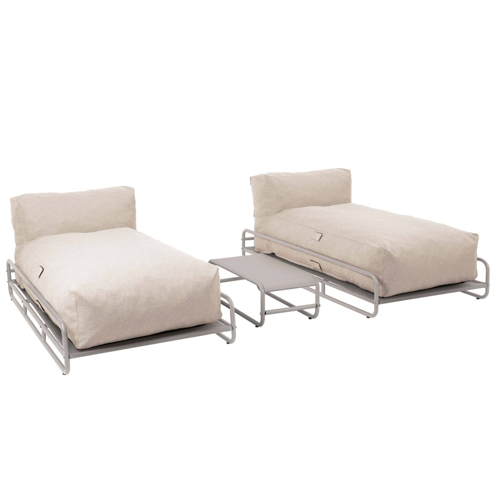 Salon de jardin modulable 2 places avec structure, 2 méridiennes et table basse