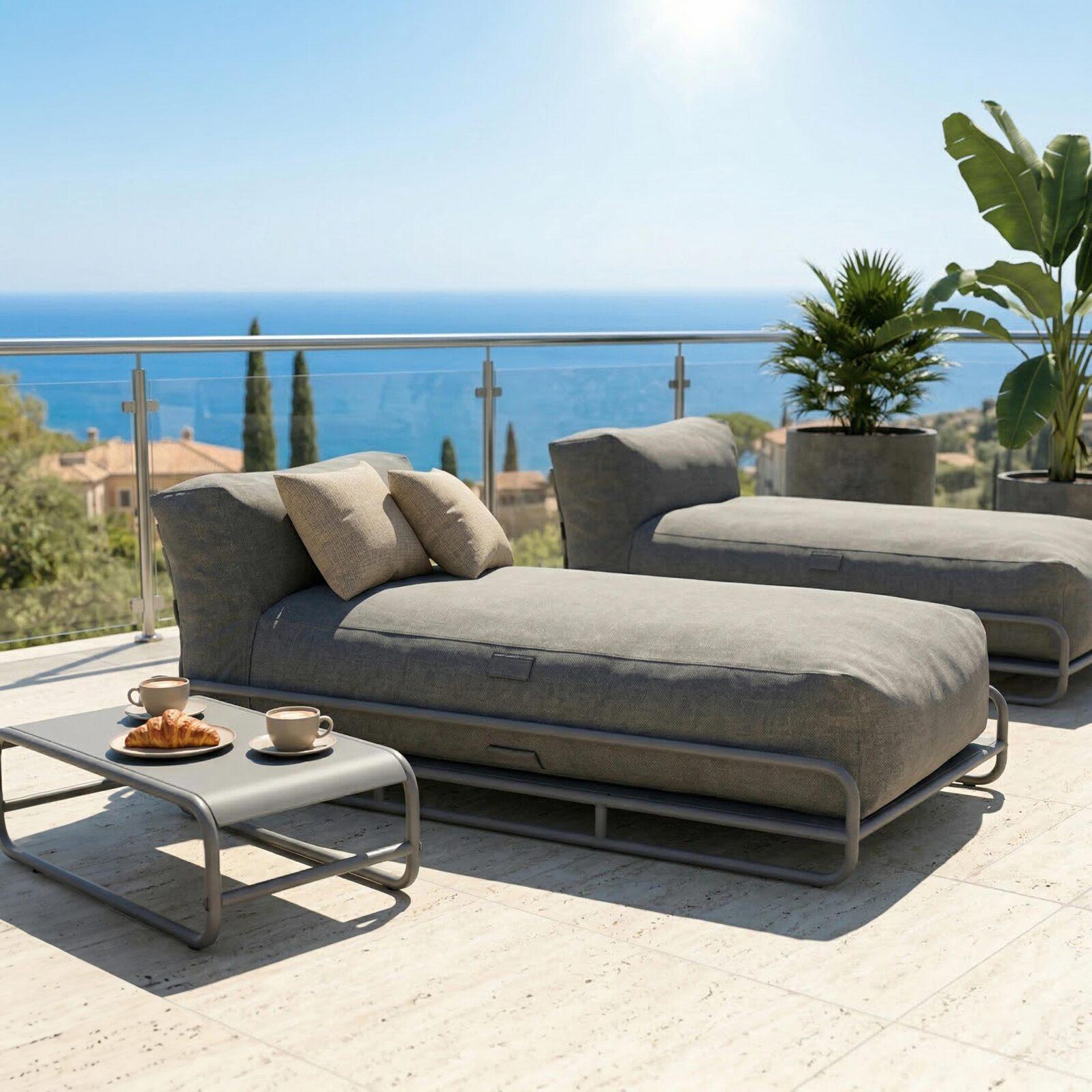 Salon de jardin modulable 2 places avec structure, 2 méridiennes et table basse