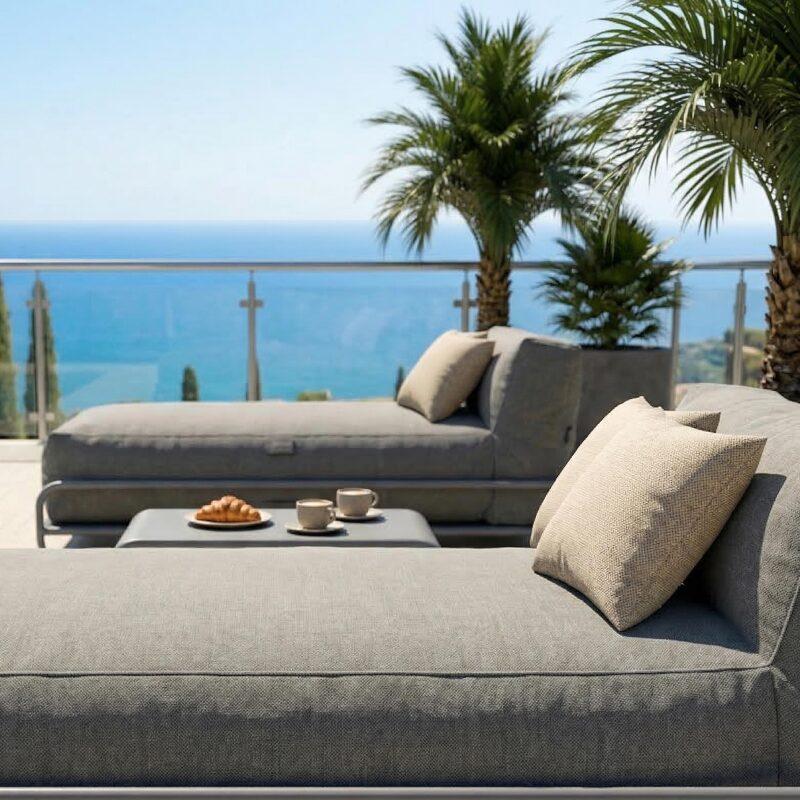 Salon de jardin modulable 2 places avec structure, 2 méridiennes et table basse (3/7)