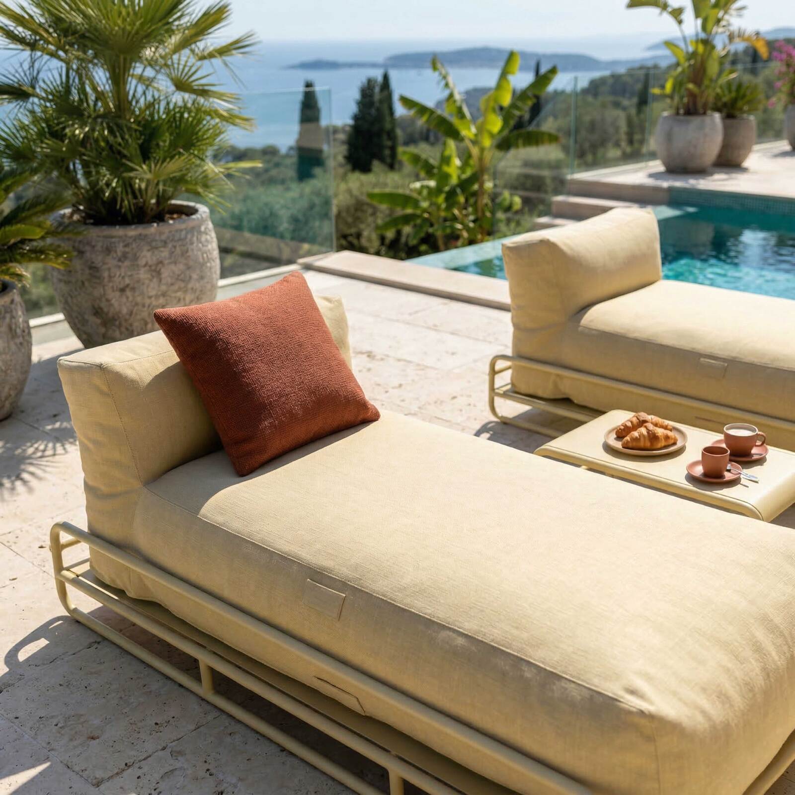 Salon de jardin modulable 2 places avec structure, 2 méridiennes et table basse