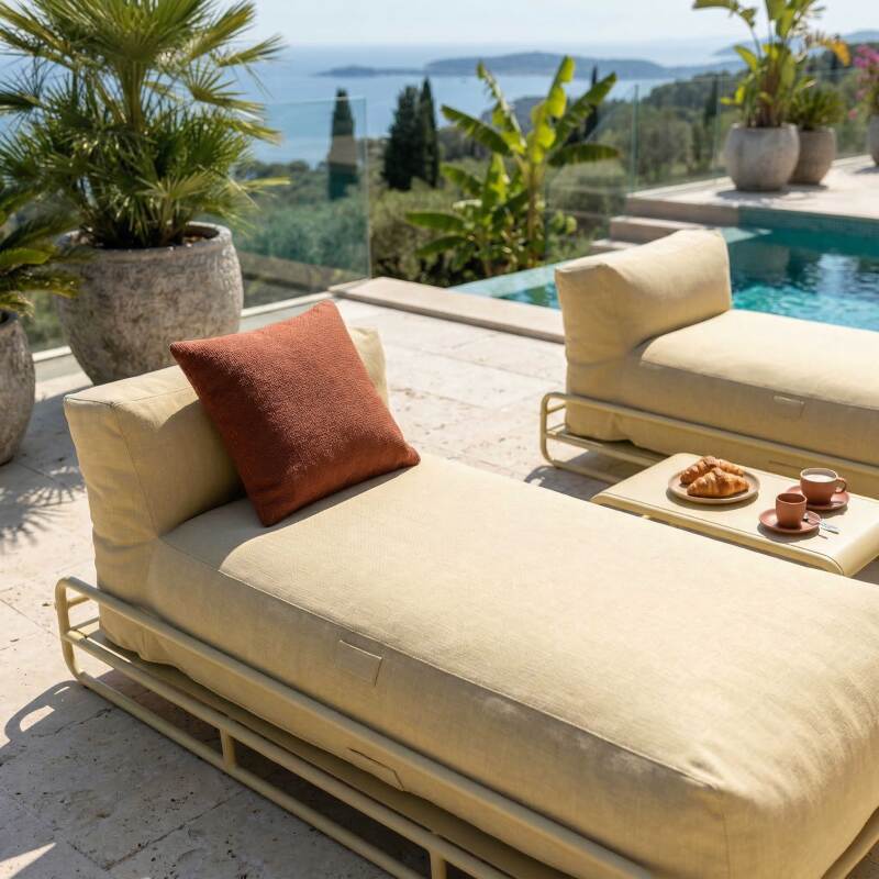 Salon de jardin modulable 2 places avec structure, 2 méridiennes et table basse (3/7)