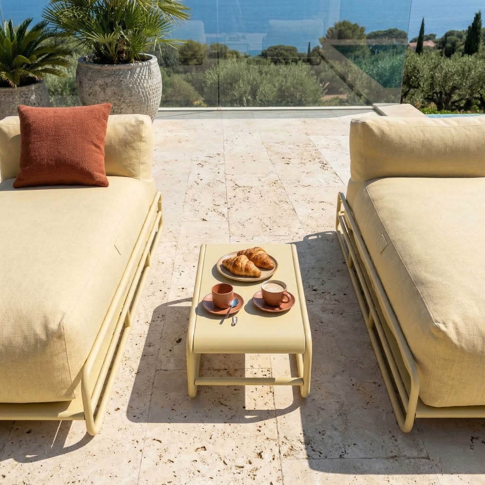 Salon de jardin modulable 2 places avec structure, 2 méridiennes et table basse