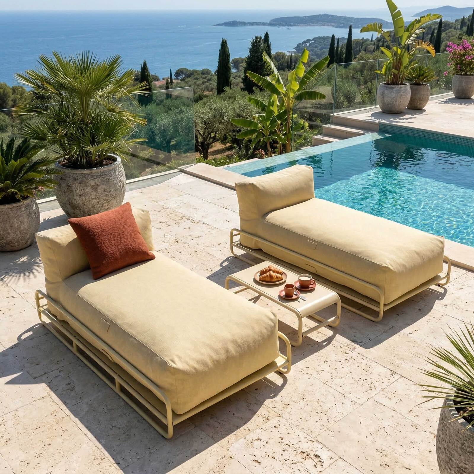 Salon de jardin modulable 2 places avec structure, 2 méridiennes et table basse