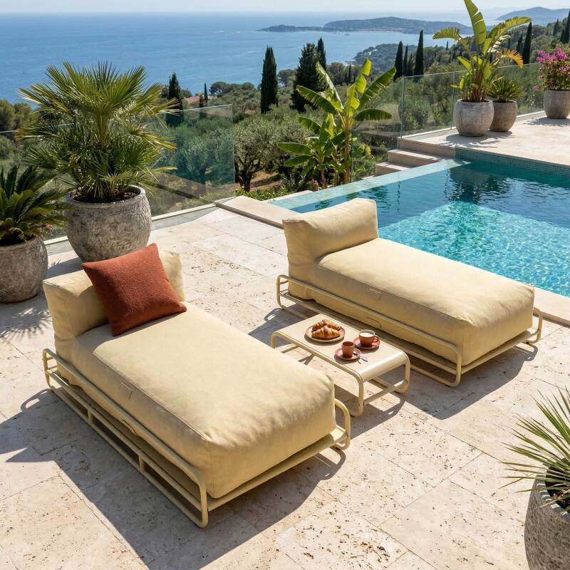 Salon de jardin modulable 2 places avec structure, 2 méridiennes et table basse