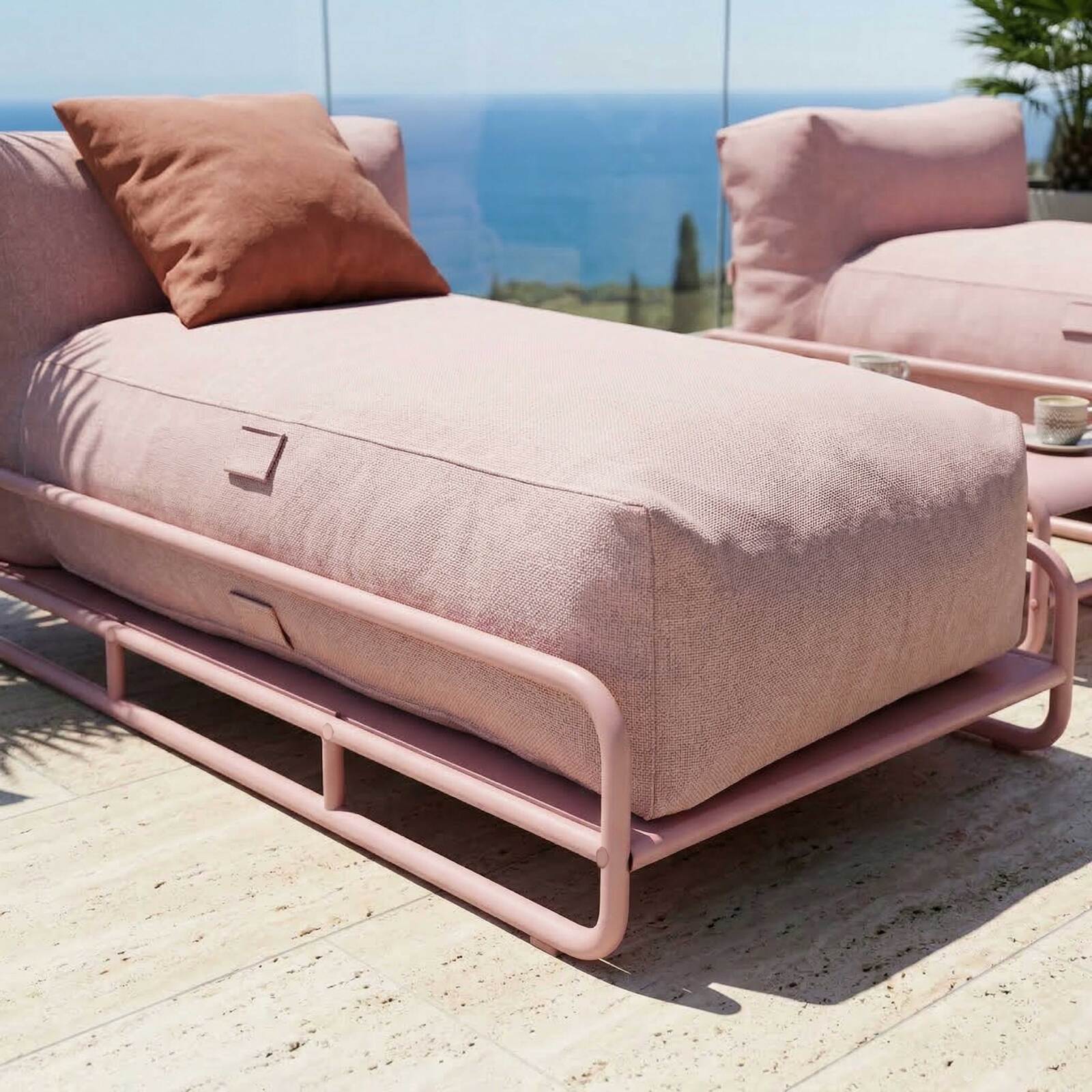 Salon de jardin modulable 2 places avec structure, 2 méridiennes et table basse