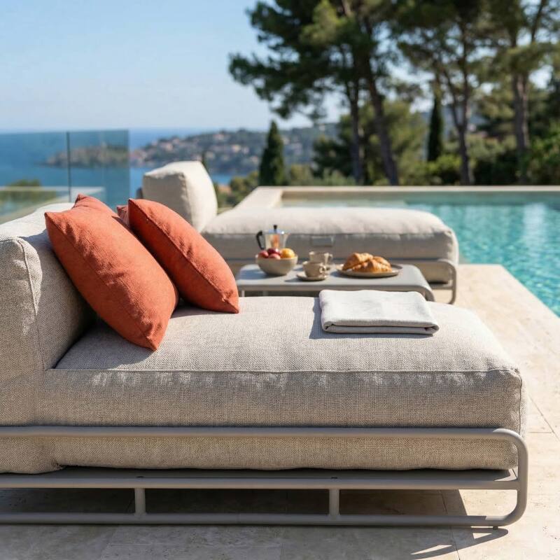 Salon de jardin modulable 2 places avec structure, 2 méridiennes et table basse (2/7)