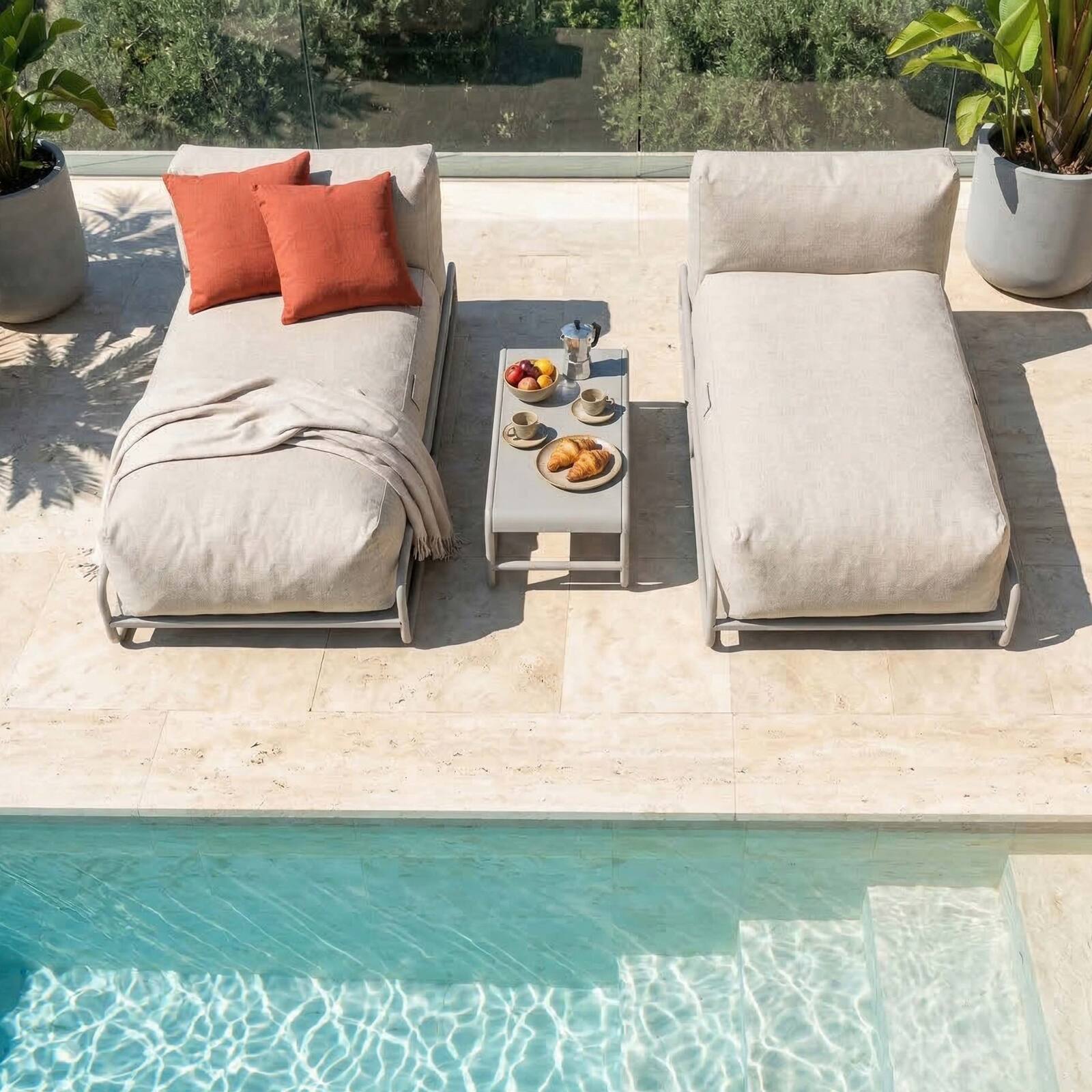 Salon de jardin modulable 2 places avec structure, 2 méridiennes et table basse