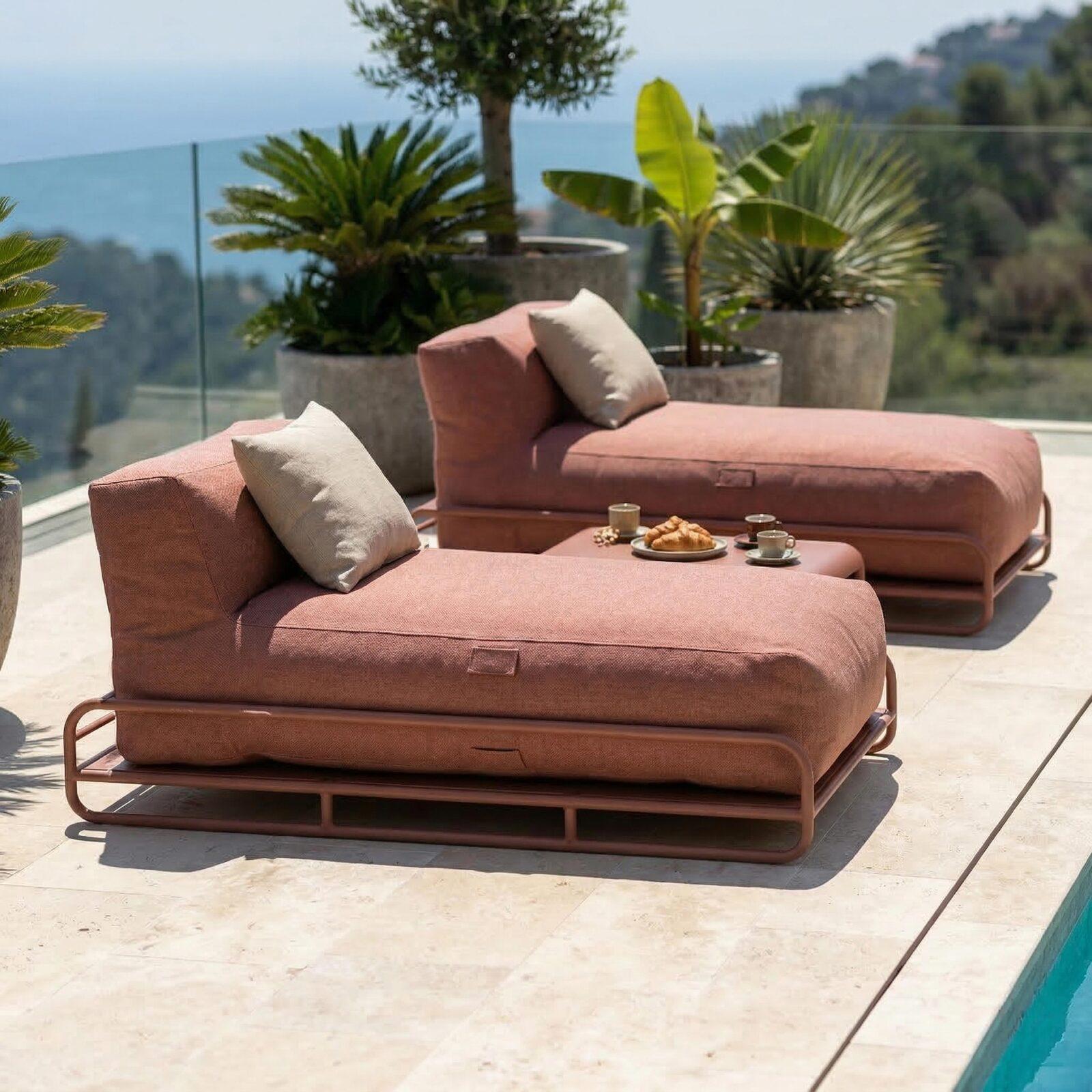 Salon de jardin modulable 2 places avec structure, 2 méridiennes et table basse